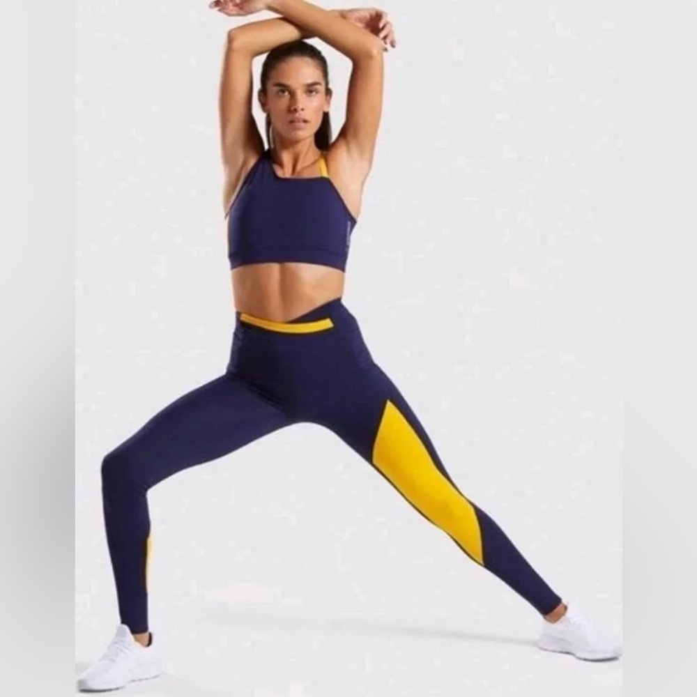 Gymshark Navy Blue Yellow Asymmetric Activewear Casual Athletic Leggings M